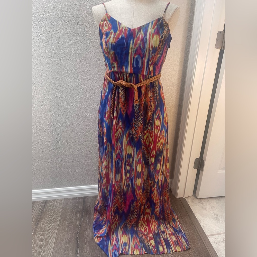 STOOSH Poly Chiffon Southwest Style Multicolor Maxi Dress Open Back